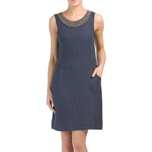 NWT LINA TOMEI Navy 100% Linen Dress with Beaded Neckline